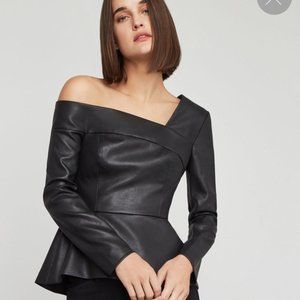 BCBGMAXAZRIA Faux Leather One Shoulder Asymmetrical Peplum Black Top